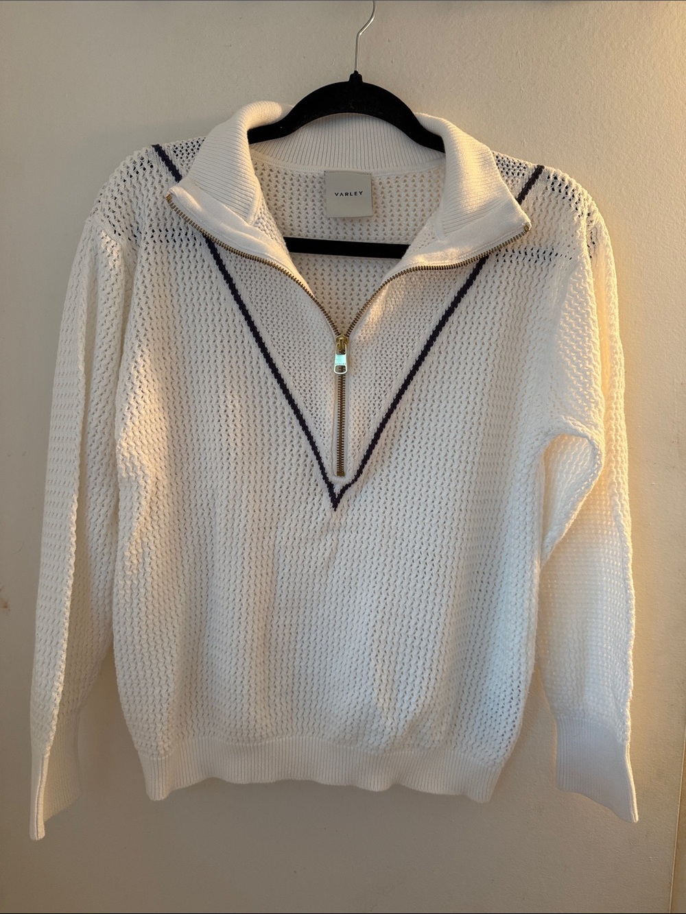 Varley White Half-Zip Knit Sweater with Navy V-Trim 100% cotton women